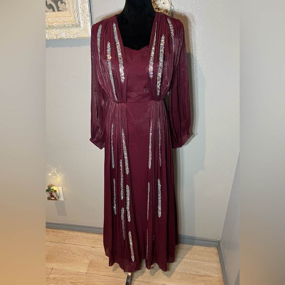 Elegant Burgundy Evening Gown with Iridescent Crystals
